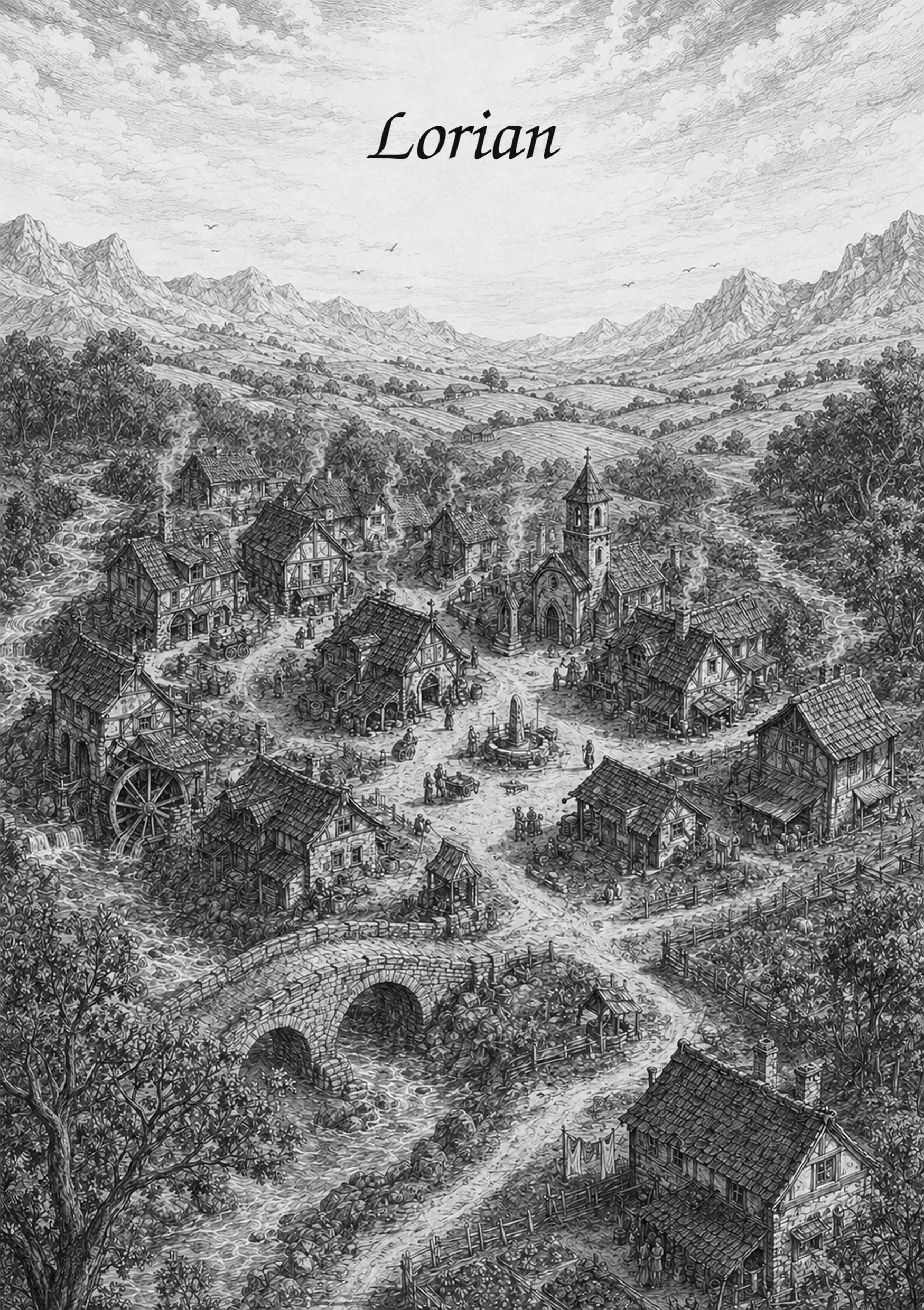 Illustrazione originale del villaggio immaginario di Lorian, dalla Prima Cronaca di VALENELYA.